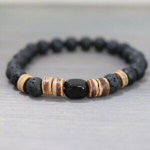 Black Onyx Square Gemstone with Black Round Lava Beads Adjustable Bracelet